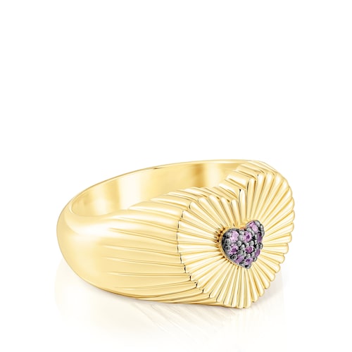 Silver vermeil heart Signet ring with rhodolite Iris Motif