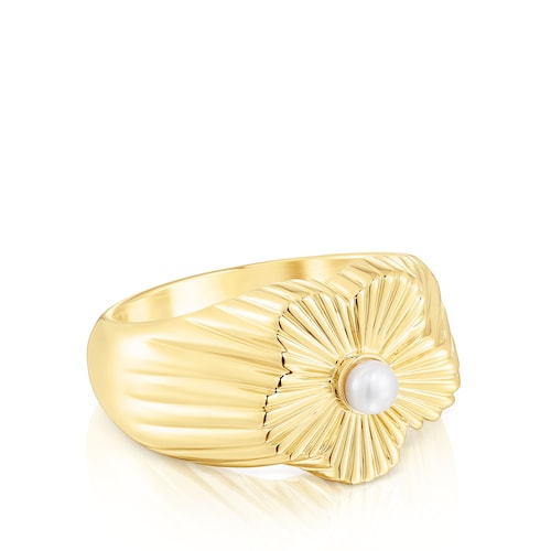Silver vermeil flower Signet ring with cultured pearl Iris Motif