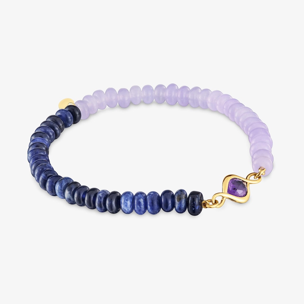 Pulsera el&aacute;stica con ba&ntilde;o de oro 18 kt, amatista y gemas Alma Motif