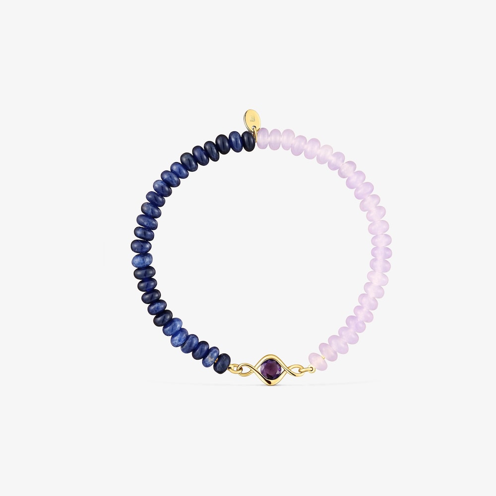 Pulsera el&aacute;stica con ba&ntilde;o de oro 18 kt, amatista y gemas Alma Motif