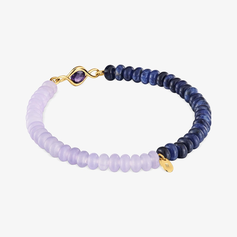 Pulsera el&aacute;stica con ba&ntilde;o de oro 18 kt, amatista y gemas Alma Motif