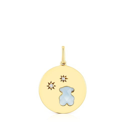 Silver vermeil Medallion pendant with diamonds and chalcedony bear Aelita