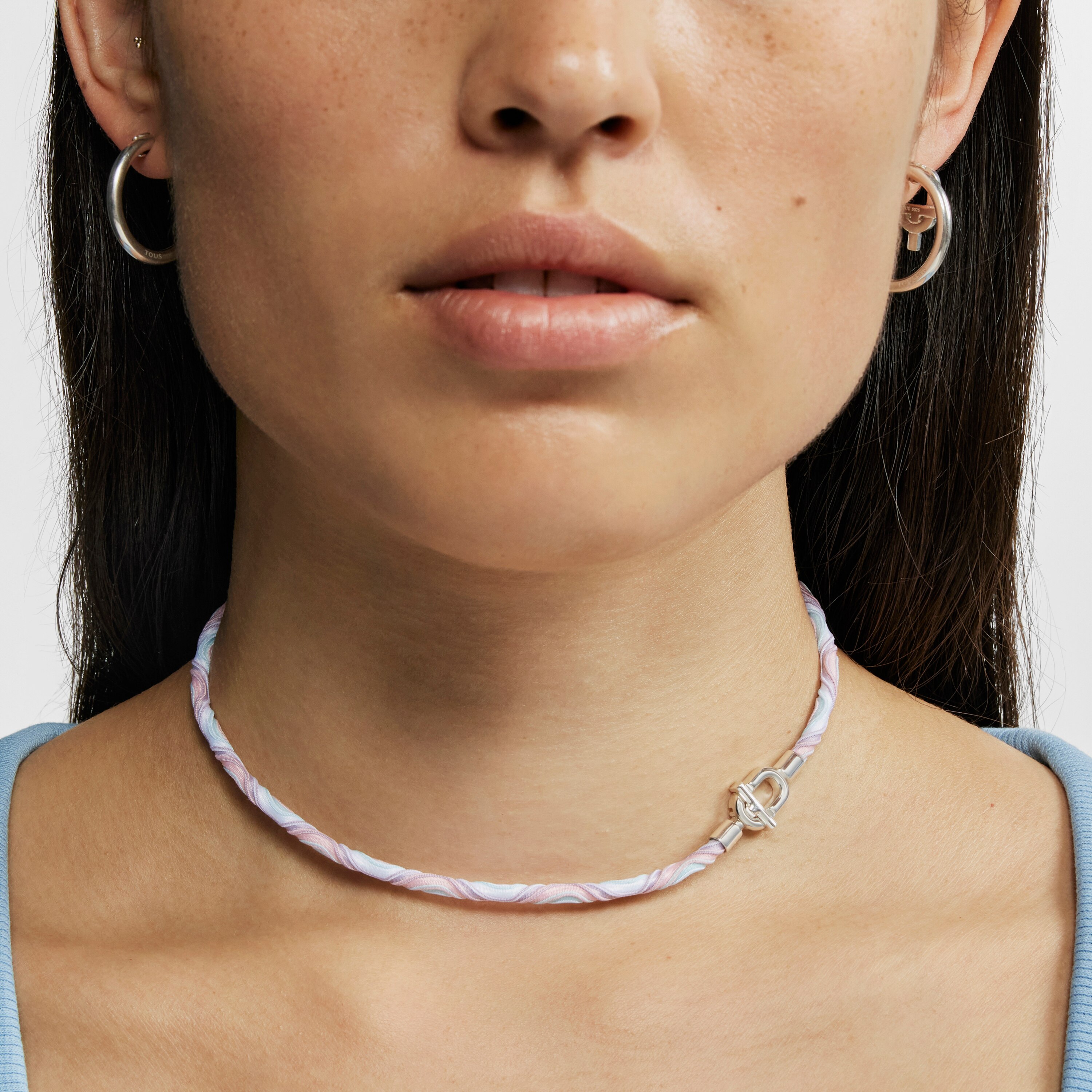 Silver TOUS MANIFESTO Elastic necklace/bracelet with pink and blue cord
