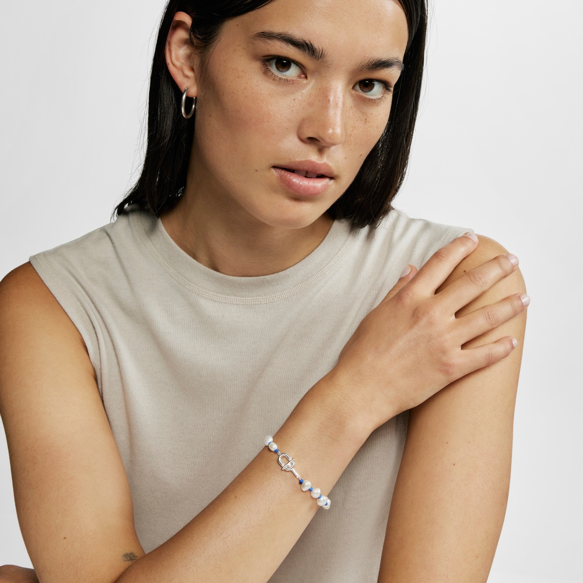 Pulsera de nylon azul con plata y perlas cultivadas TOUS MANIFESTO