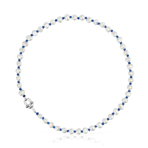45 cm blue nylon and silver Necklace with cultured pearls TOUS MANIFESTO
