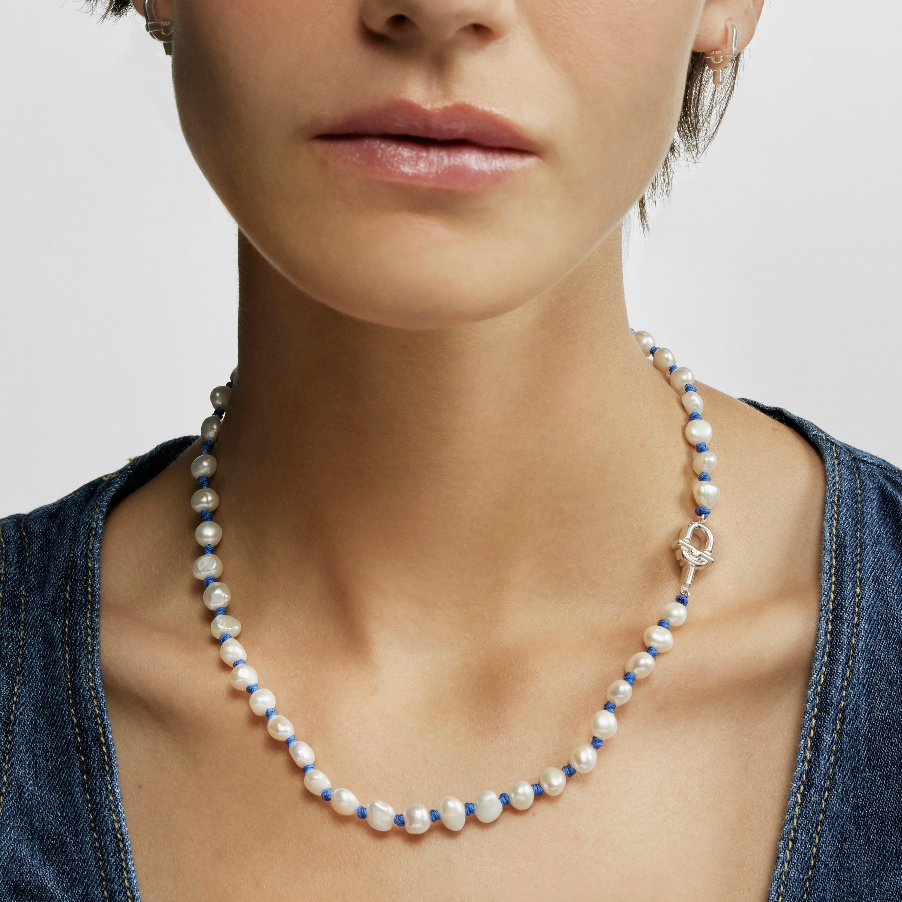 45 cm blue nylon and silver Necklace with cultured pearls TOUS MANIFESTO