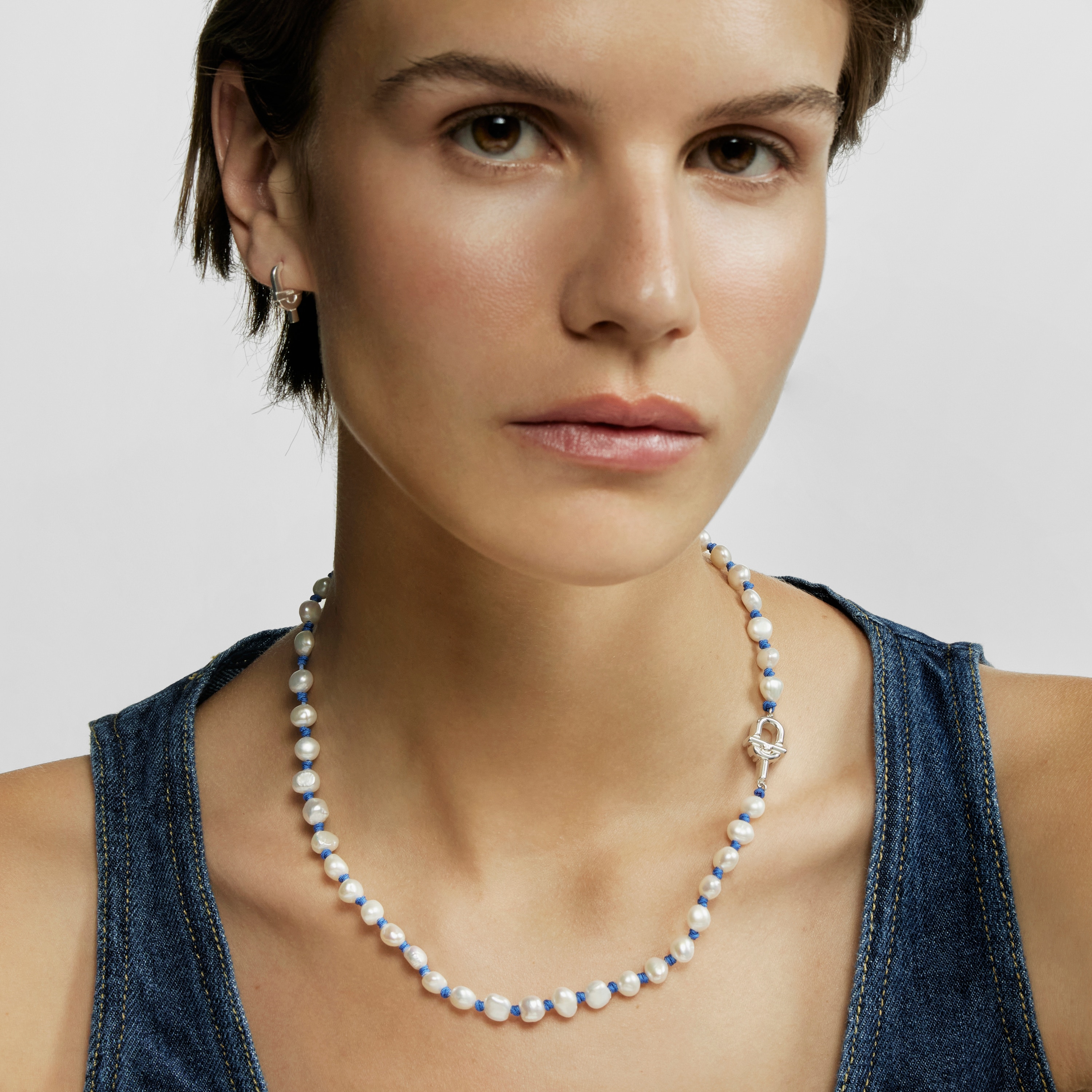 45 cm blue nylon and silver Necklace with cultured pearls TOUS MANIFESTO