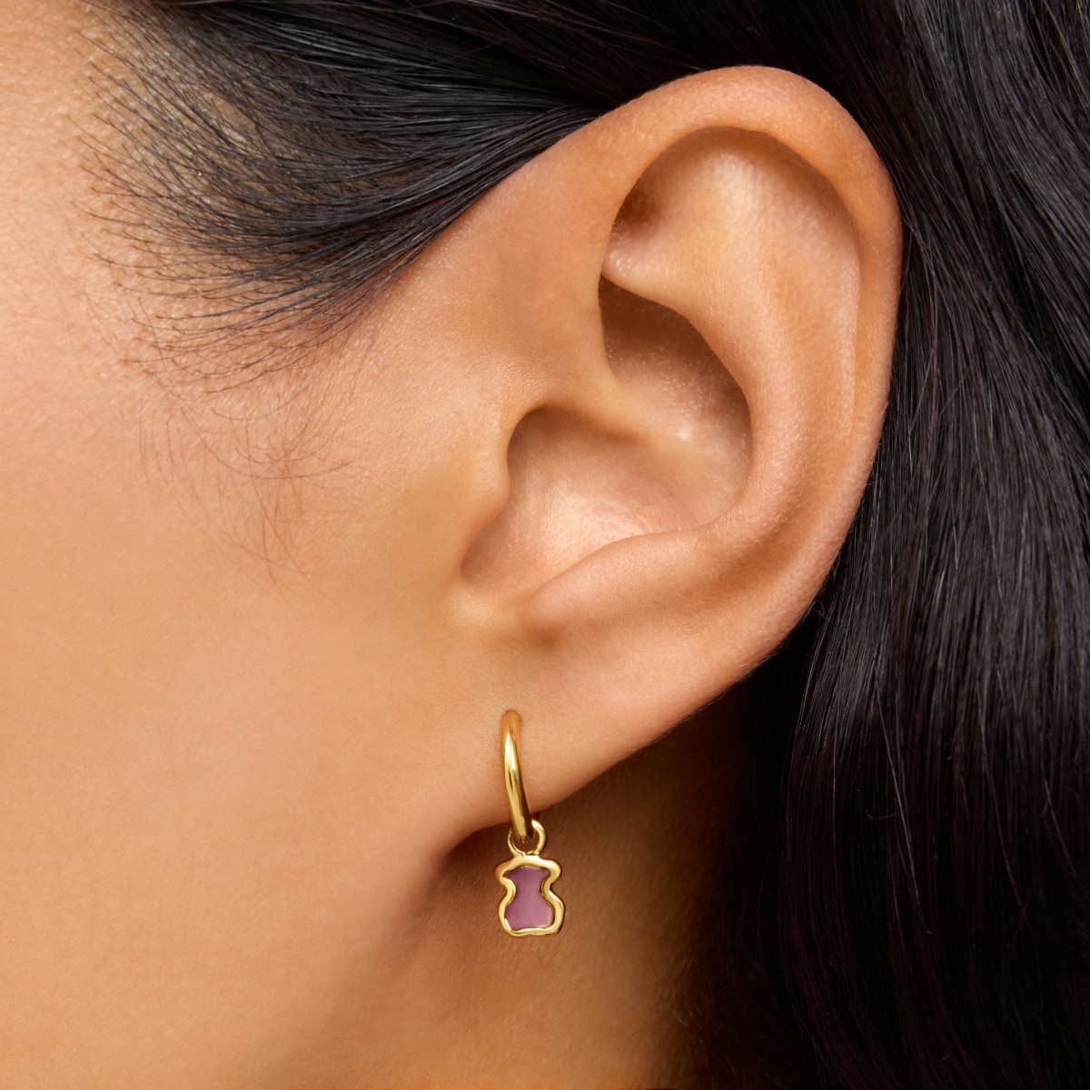 Pendientes aro con baño de oro 18 kt sobre plata oso rosa Gregal