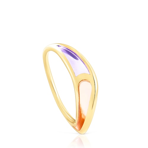 Anillo con ba&ntilde;o de oro 18 kt sobre plata con esmalte lila y naranja Gregal