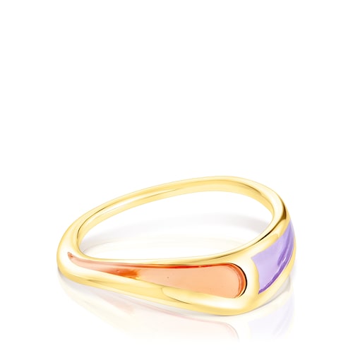 Anillo con ba&ntilde;o de oro 18 kt sobre plata con esmalte lila y naranja Gregal