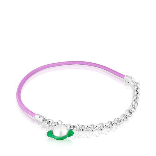 Pulsera el&aacute;stica malva con acero y perla cultivada TOUS Instint