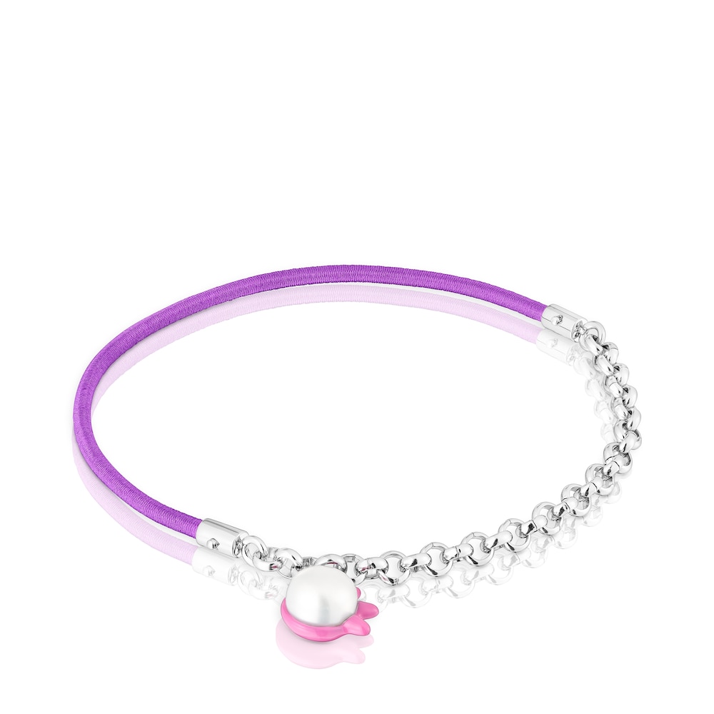 Pulsera el&aacute;stica lila con acero y perla cultivada TOUS Instint