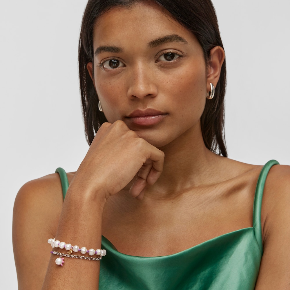 Pulsera el&aacute;stica lila con acero y perla cultivada TOUS Instint