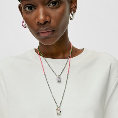 TOUS Instint MOUTT fuchsia elastic Necklace with steel and mother-of-pearl