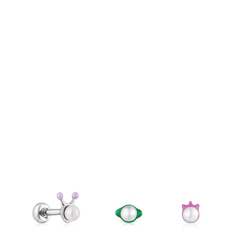 Pack of Instint Ear piercings in steel with cultured pearls and enamel