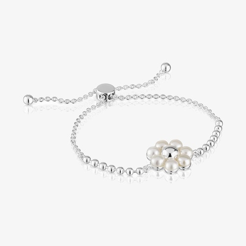 Pulseira de corrente em prata com flor e p&eacute;rolas cultivadas Sugar Party