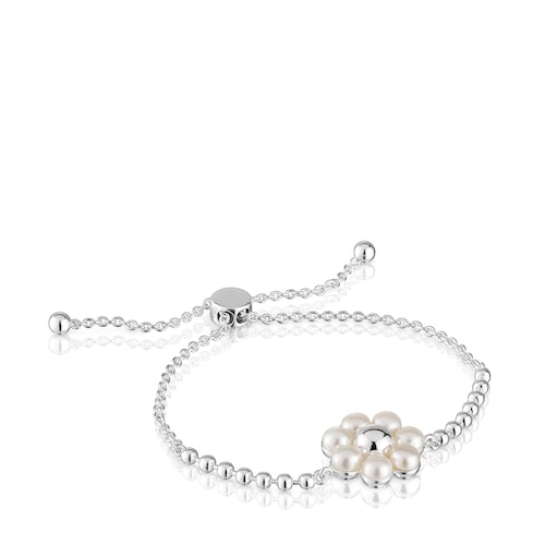 Silver flower and cultured pearls chain Bracelet Sugar Party