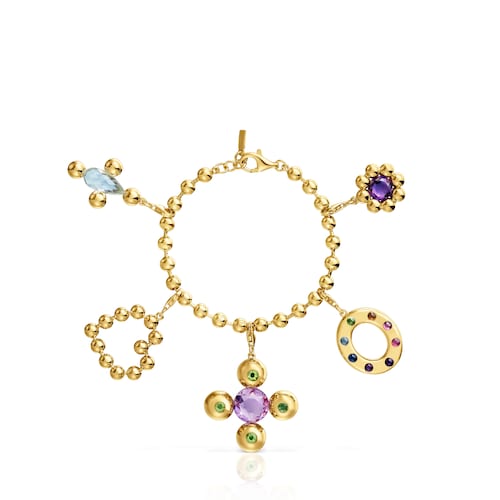 Bracelet chaîne en argent plaqué or 18 ct et pendentifs avec pierres précieuses Sugar Party