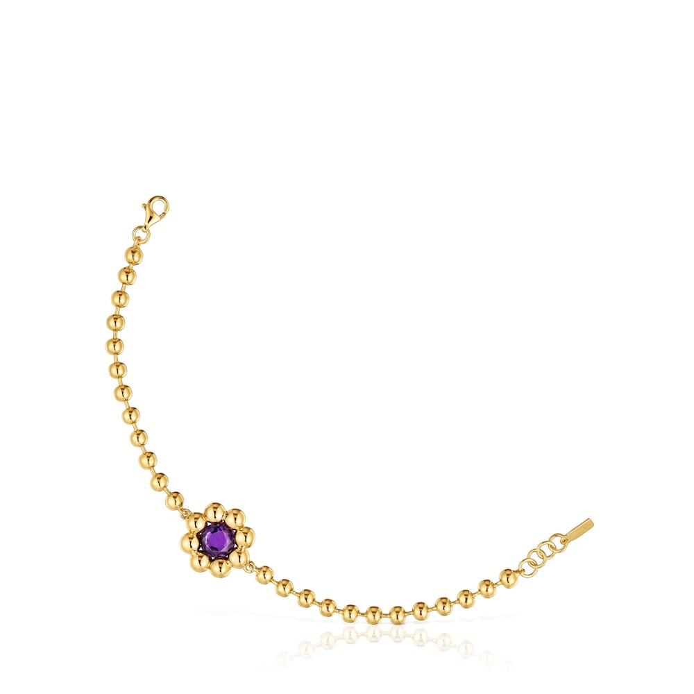 Pulsera cadena flor con baño de oro 18 kt sobre plata y amatista Sugar Party Pulsera cadena flor con baño de oro 18 kt sobre plata y amatista Sugar Party