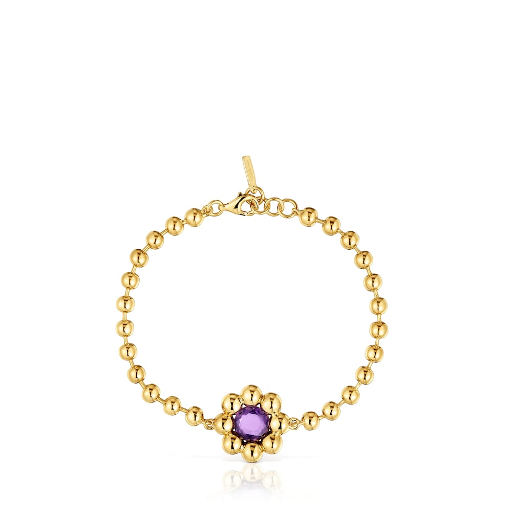 Pulsera cadena flor con baño de oro 18 kt sobre plata y amatista Sugar Party Pulsera cadena flor con baño de oro 18 kt sobre plata y amatista Sugar Party