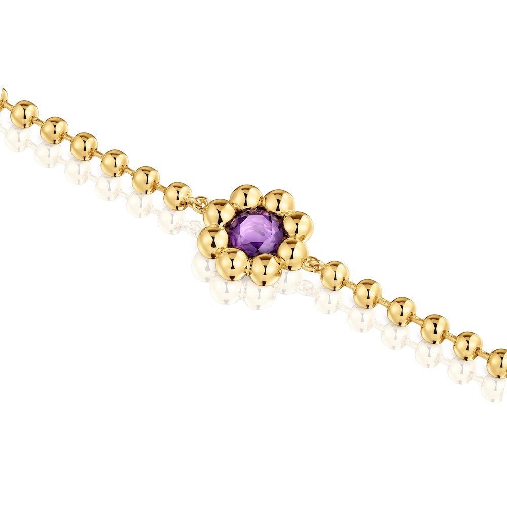 Pulsera cadena flor con baño de oro 18 kt sobre plata y amatista Sugar Party Pulsera cadena flor con baño de oro 18 kt sobre plata y amatista Sugar Party