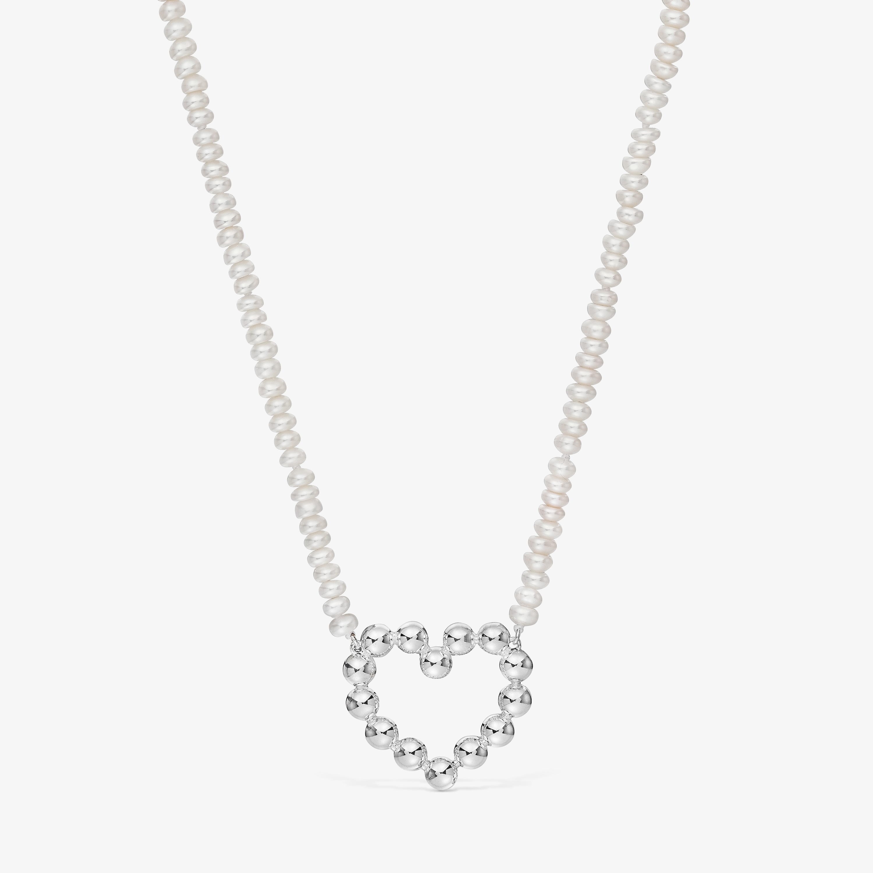 Short silver heart motif and cultured pearls Necklace Sugar Party