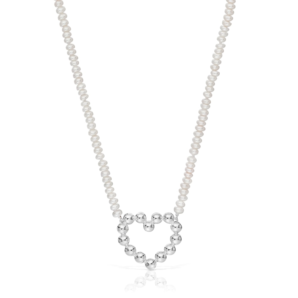 Short silver heart motif and cultured pearls Necklace Sugar Party