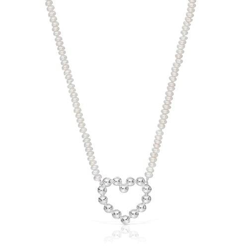 Short silver heart motif and cultured pearls Necklace Sugar Party