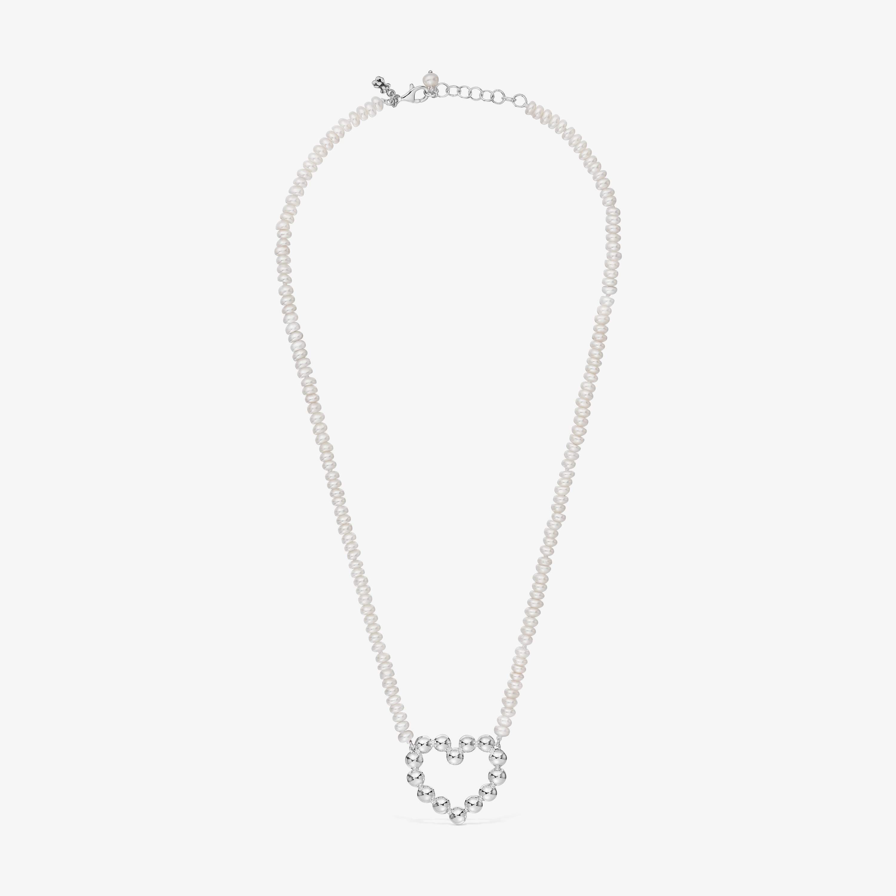 Short silver heart motif and cultured pearls Necklace Sugar Party