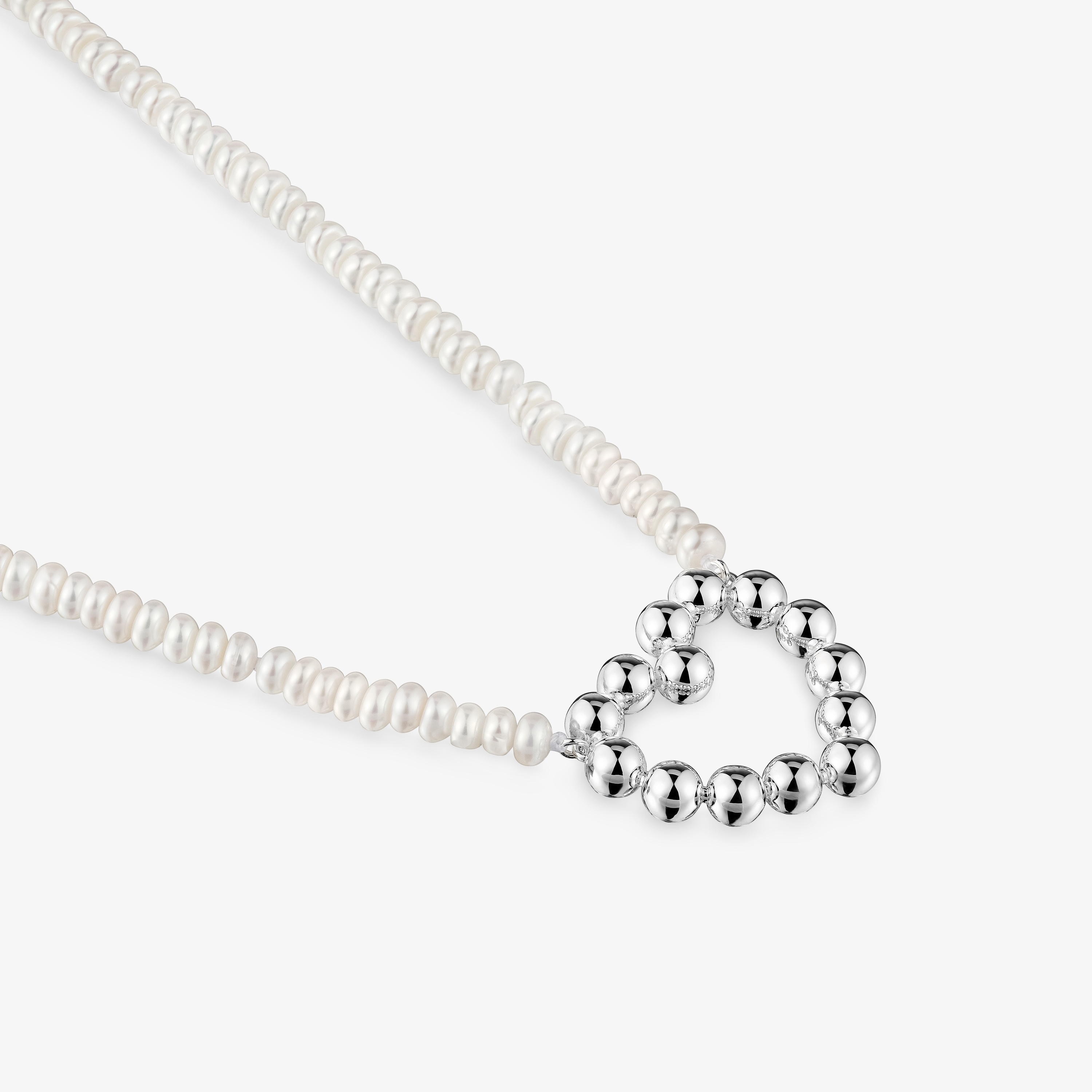 Short silver heart motif and cultured pearls Necklace Sugar Party
