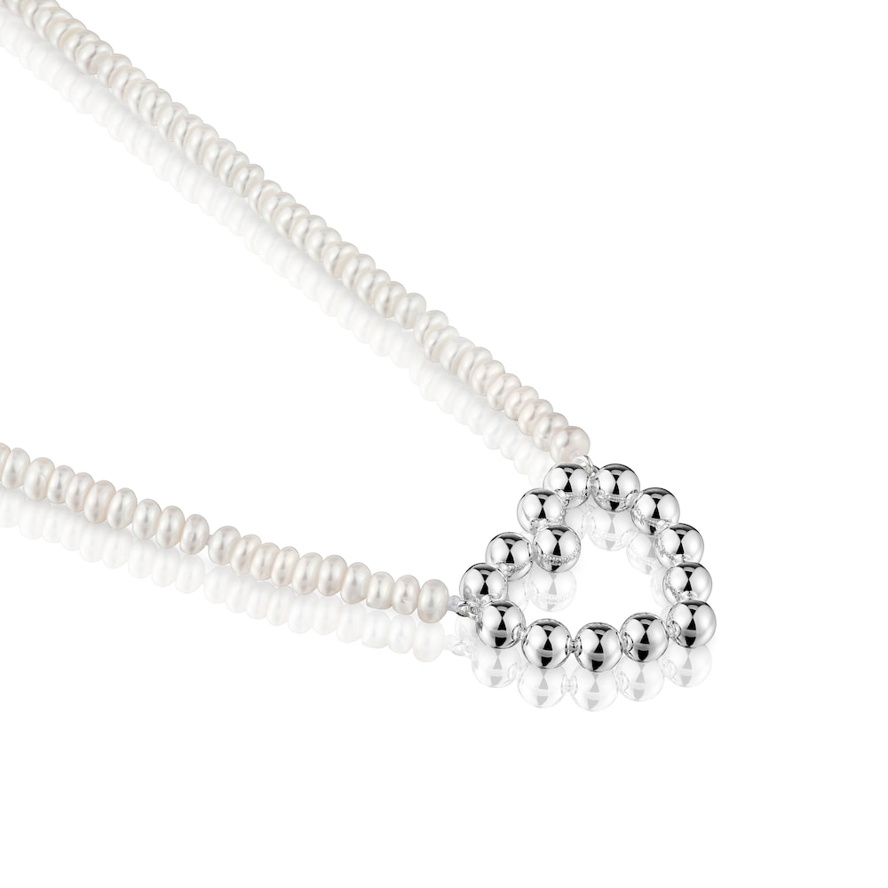 Short silver heart motif and cultured pearls Necklace Sugar Party image number 2