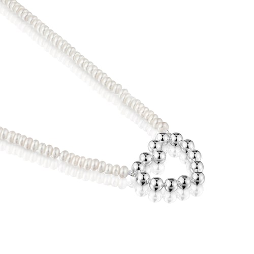 Short silver heart motif and cultured pearls Necklace Sugar Party