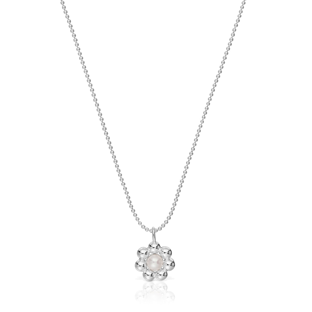 Short silver flower and cultured pearl Necklace Sugar Party