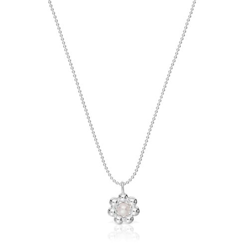 Short silver flower and cultured pearl Necklace Sugar Party