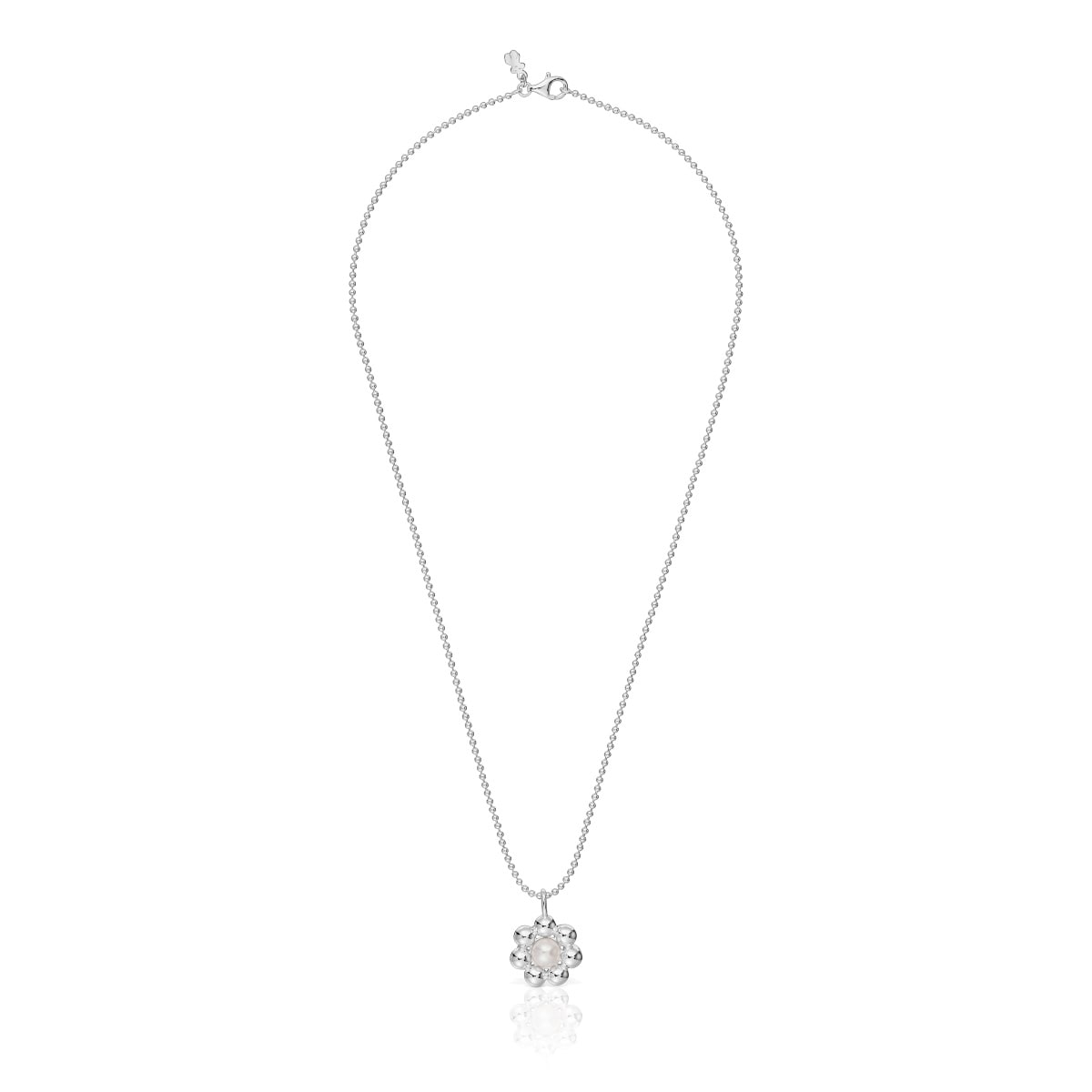 Short silver flower and cultured pearl Necklace Sugar Party