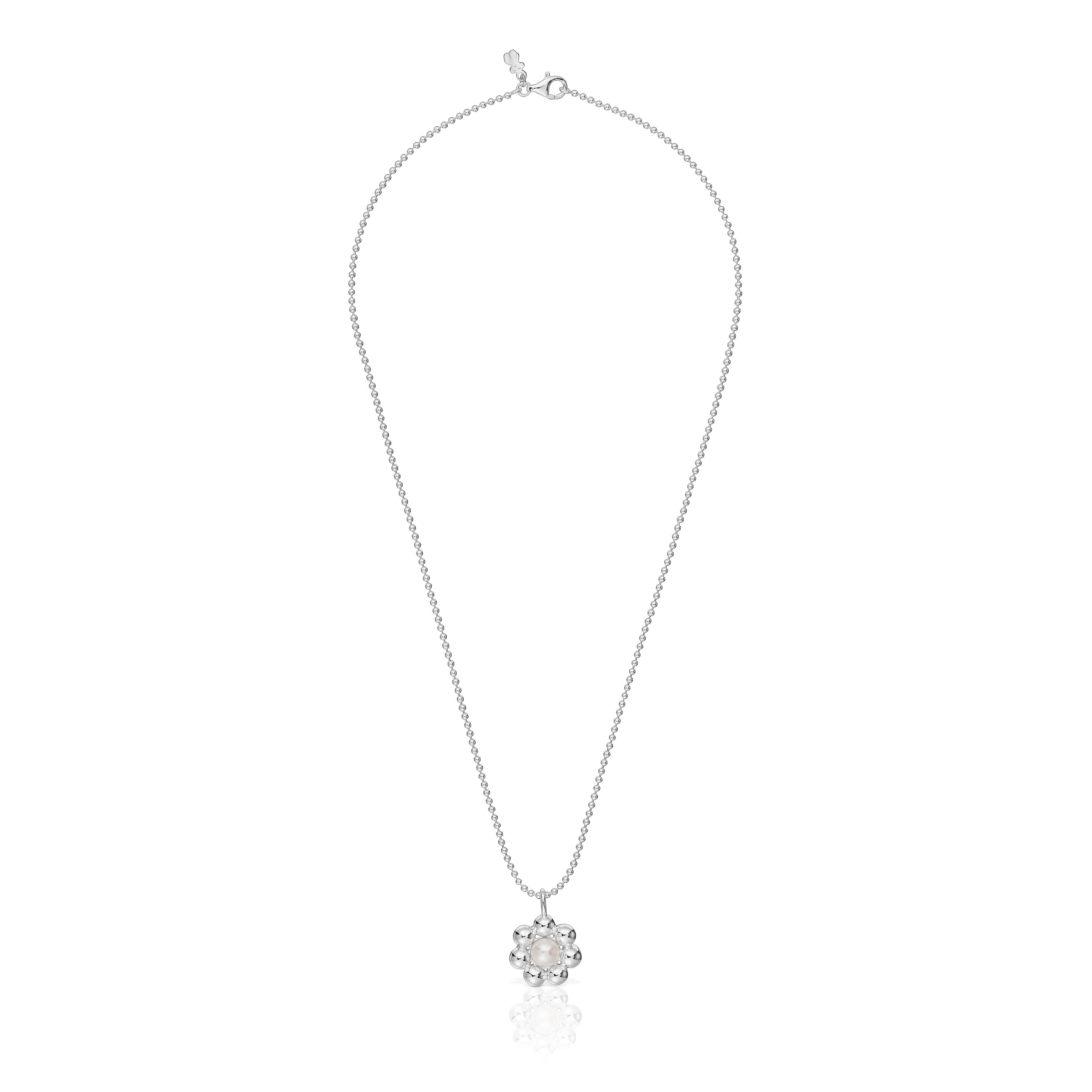 Short silver flower and cultured pearl Necklace Sugar Party