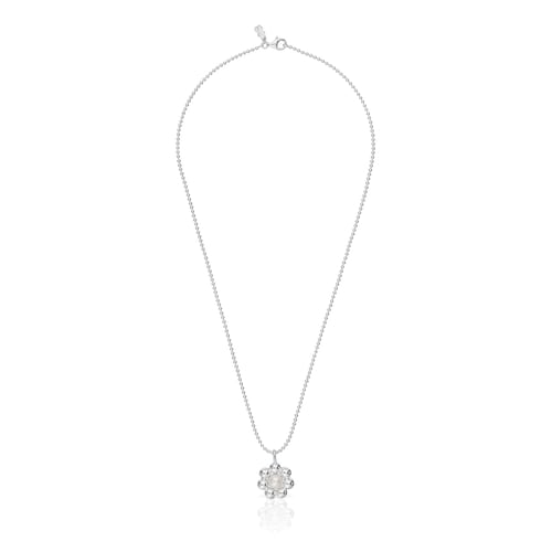 Short silver flower and cultured pearl Necklace Sugar Party