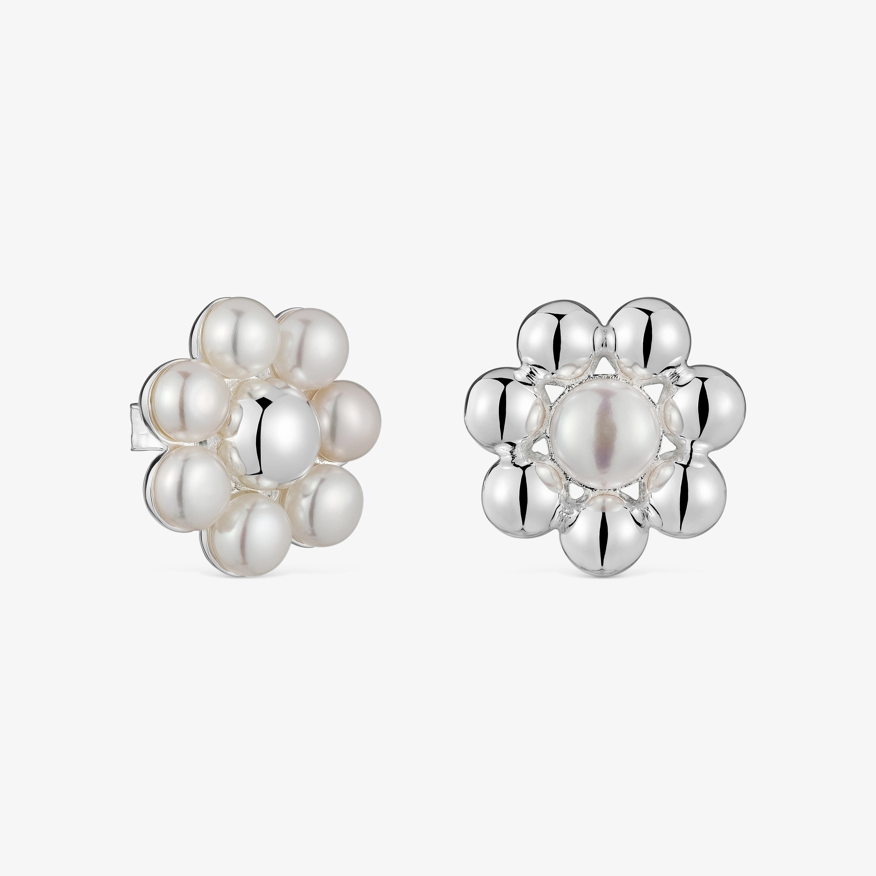 Short silver flower and cultured pearls Earrings Sugar Party