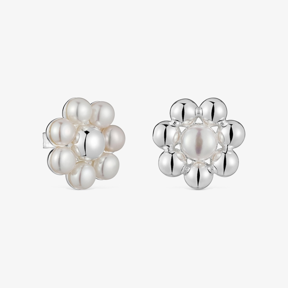 Pendientes cortos de plata flor y perlas cultivadas Sugar Party