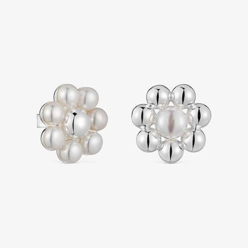 Brincos curtos em prata flor e p&eacute;rolas cultivadas Sugar Party