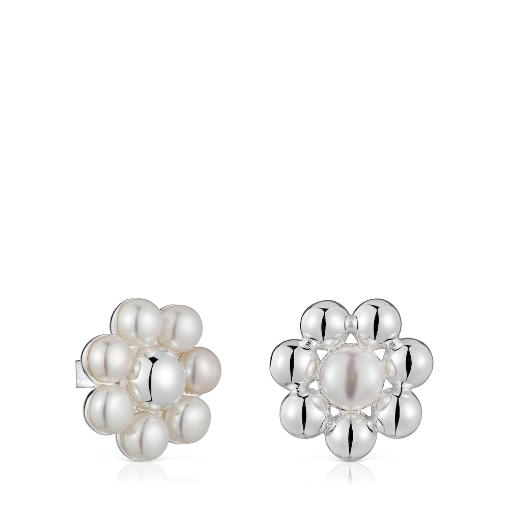 Pendientes cortos de plata flor y perlas cultivadas Sugar Party