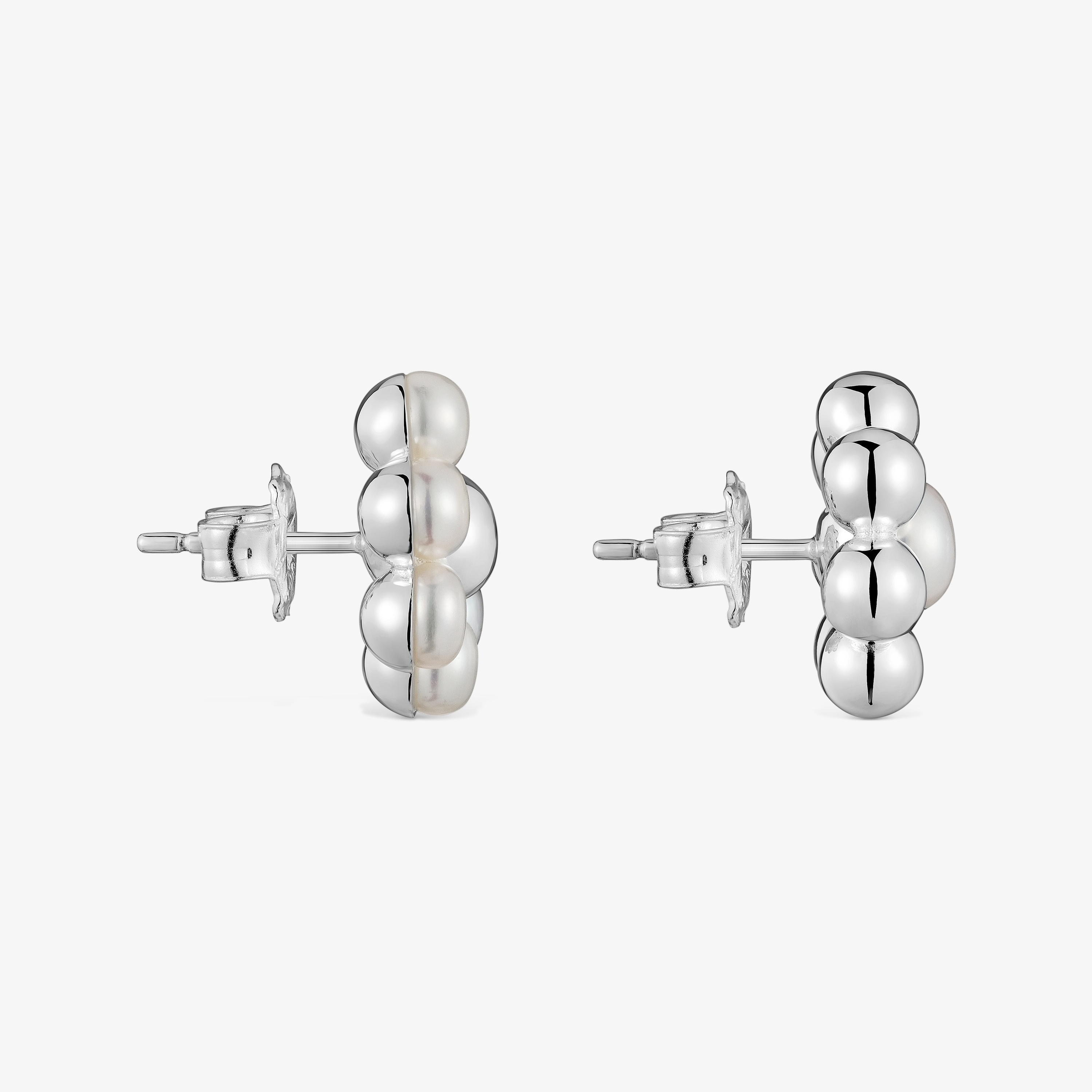 Short silver flower and cultured pearls Earrings Sugar Party