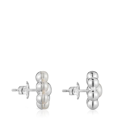 Short silver flower and cultured pearls Earrings Sugar Party