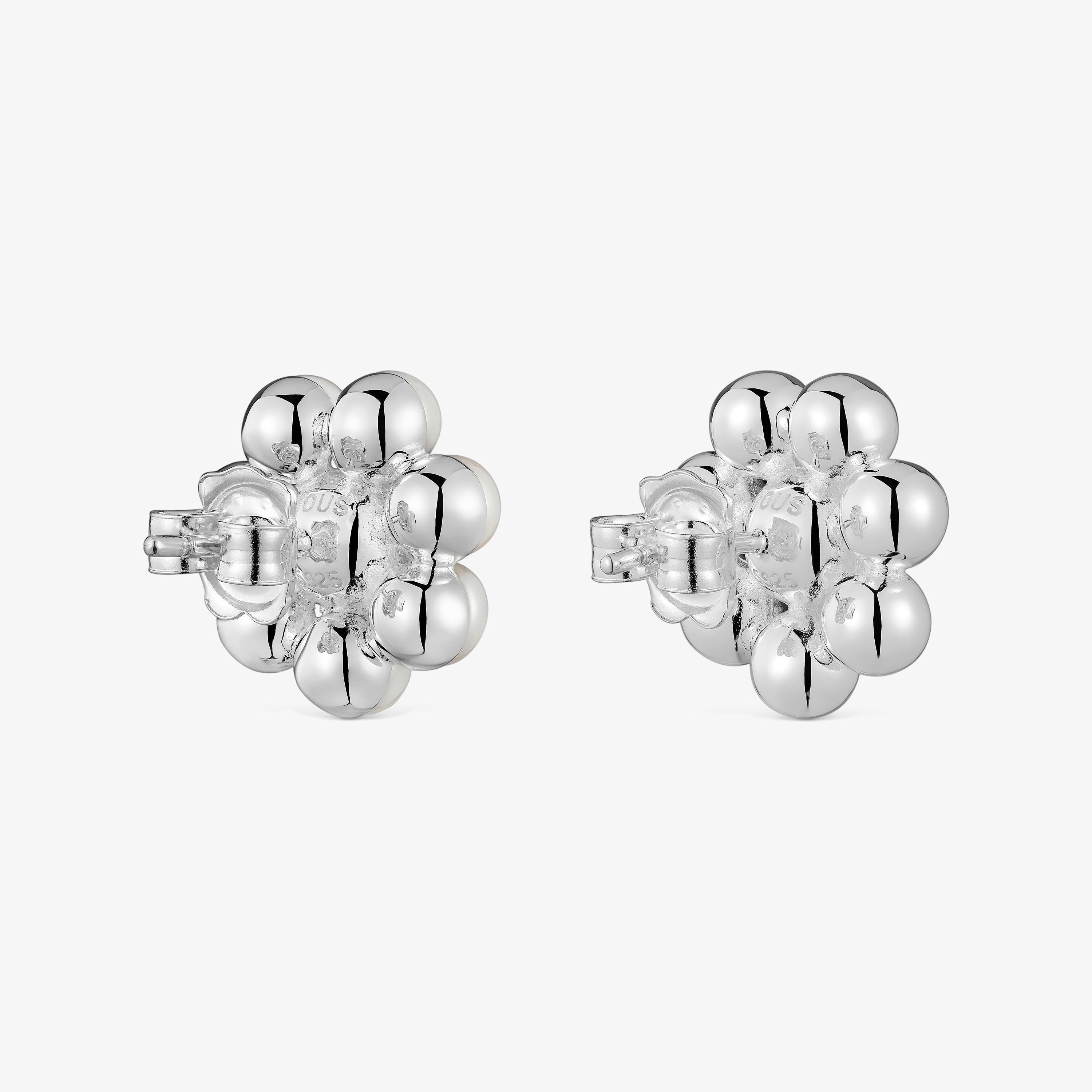 Short silver flower and cultured pearls Earrings Sugar Party