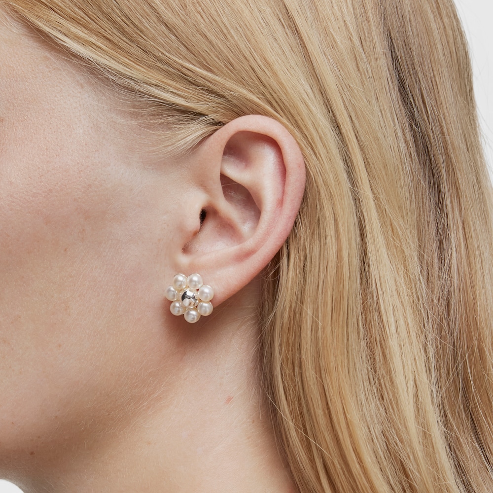 Pendientes cortos de plata flor y perlas cultivadas Sugar Party