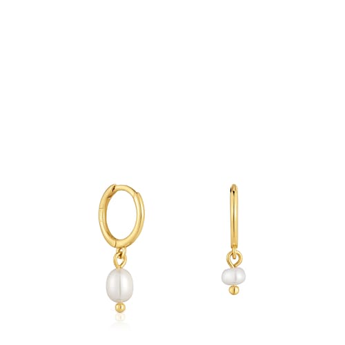Pendientes aro cortos con baño de oro 18 kt sobre plata y perlas cultivadas Sugar Party