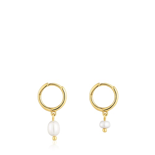 Pendientes aro cortos con baño de oro 18 kt sobre plata y perlas cultivadas Sugar Party