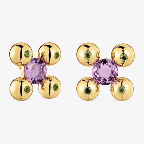Pendientes cortos con ba&ntilde;o de oro 18 kt sobre plata, amatista y peridoto Sugar Party