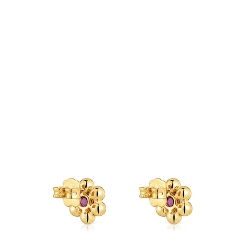 Pendientes cortos flor con baño de oro 18 kt sobre plata y rodolita Sugar Party