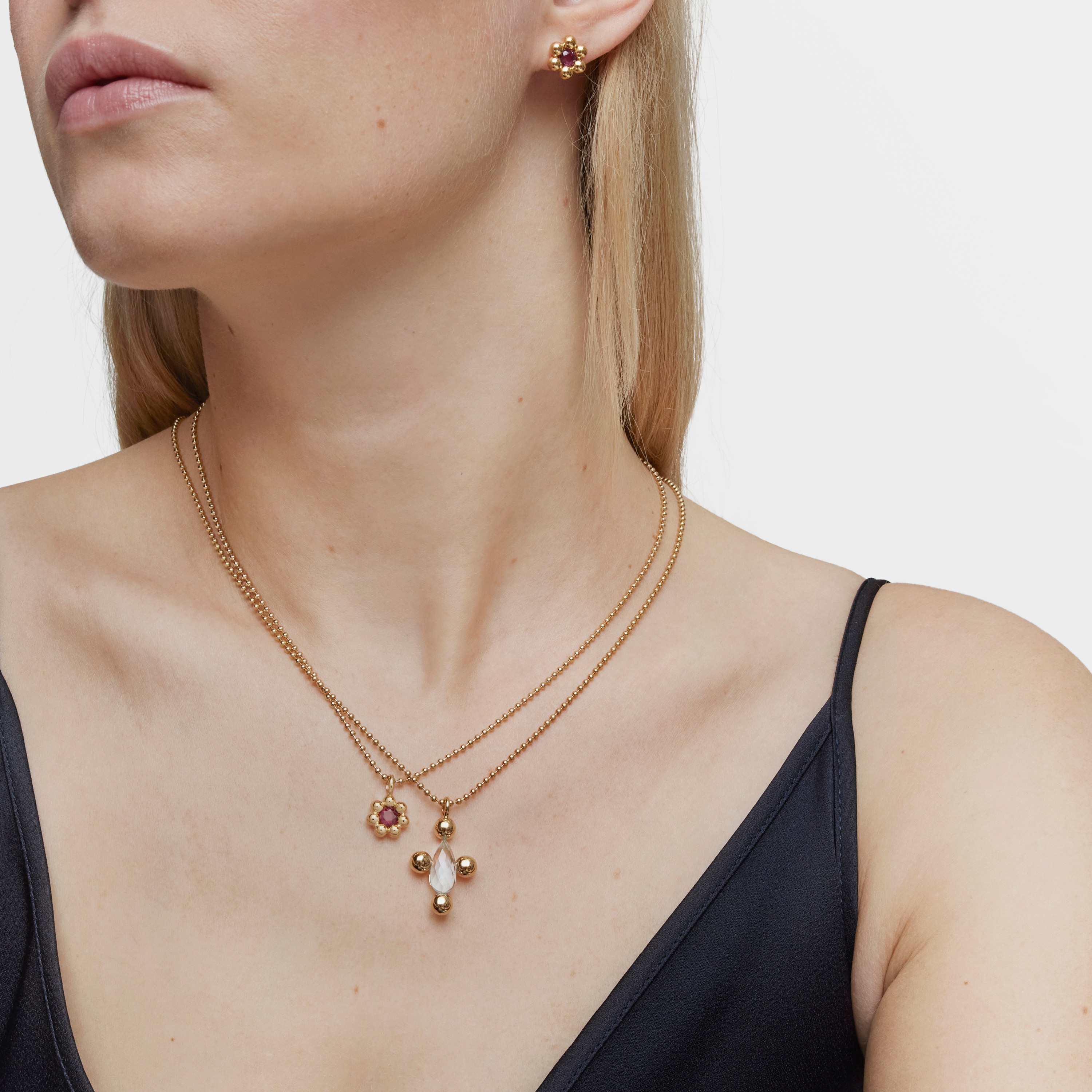 Small flower Pendant with 18kt gold plating over silver and rhodolite Sugar Party